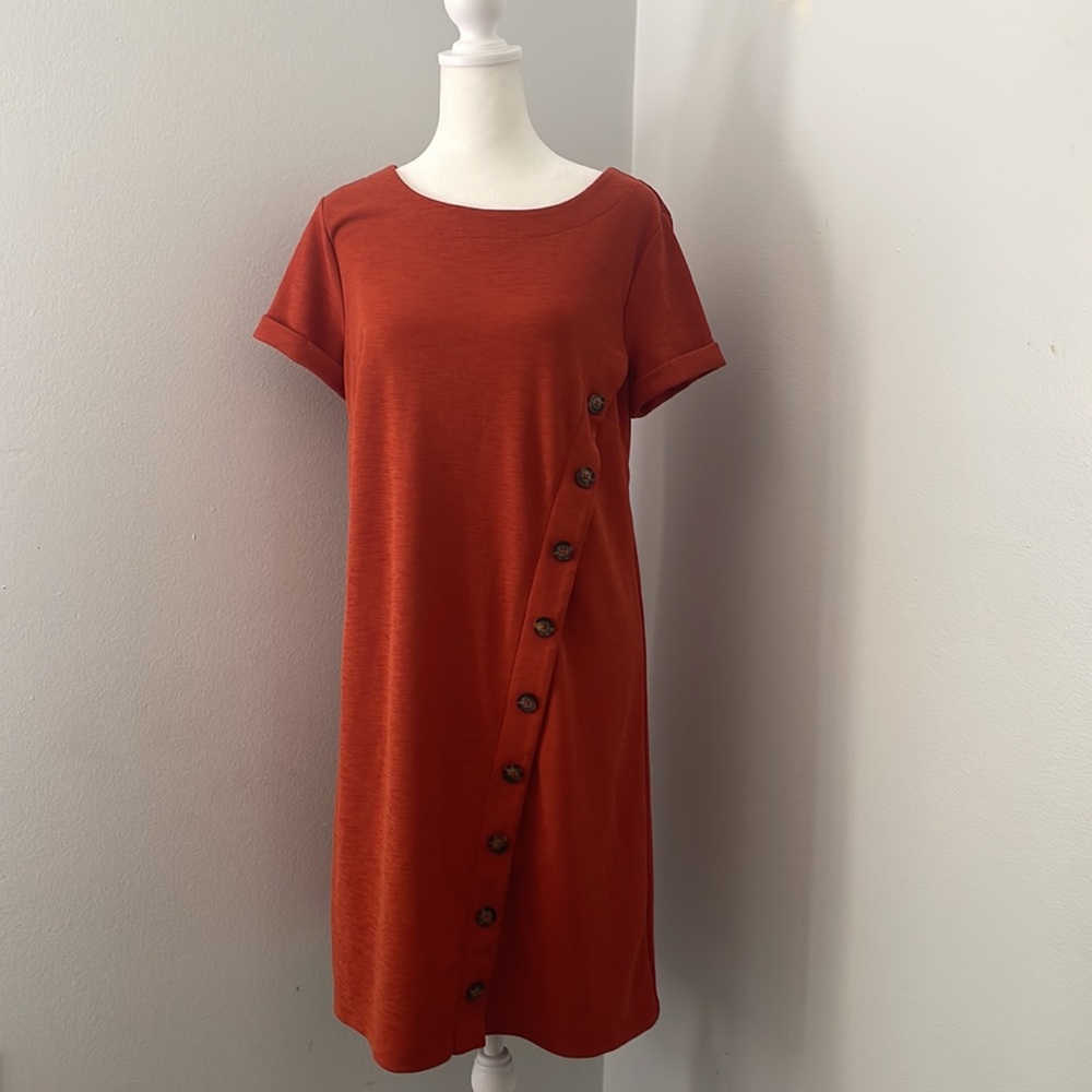 Cato midi dress, burnt orange, button detail, size M.